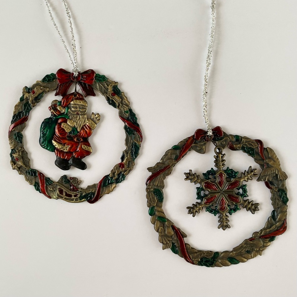 2 Russ Berrie Heirloom Collection Ornaments Santa Snowflake Hand Painted Metal